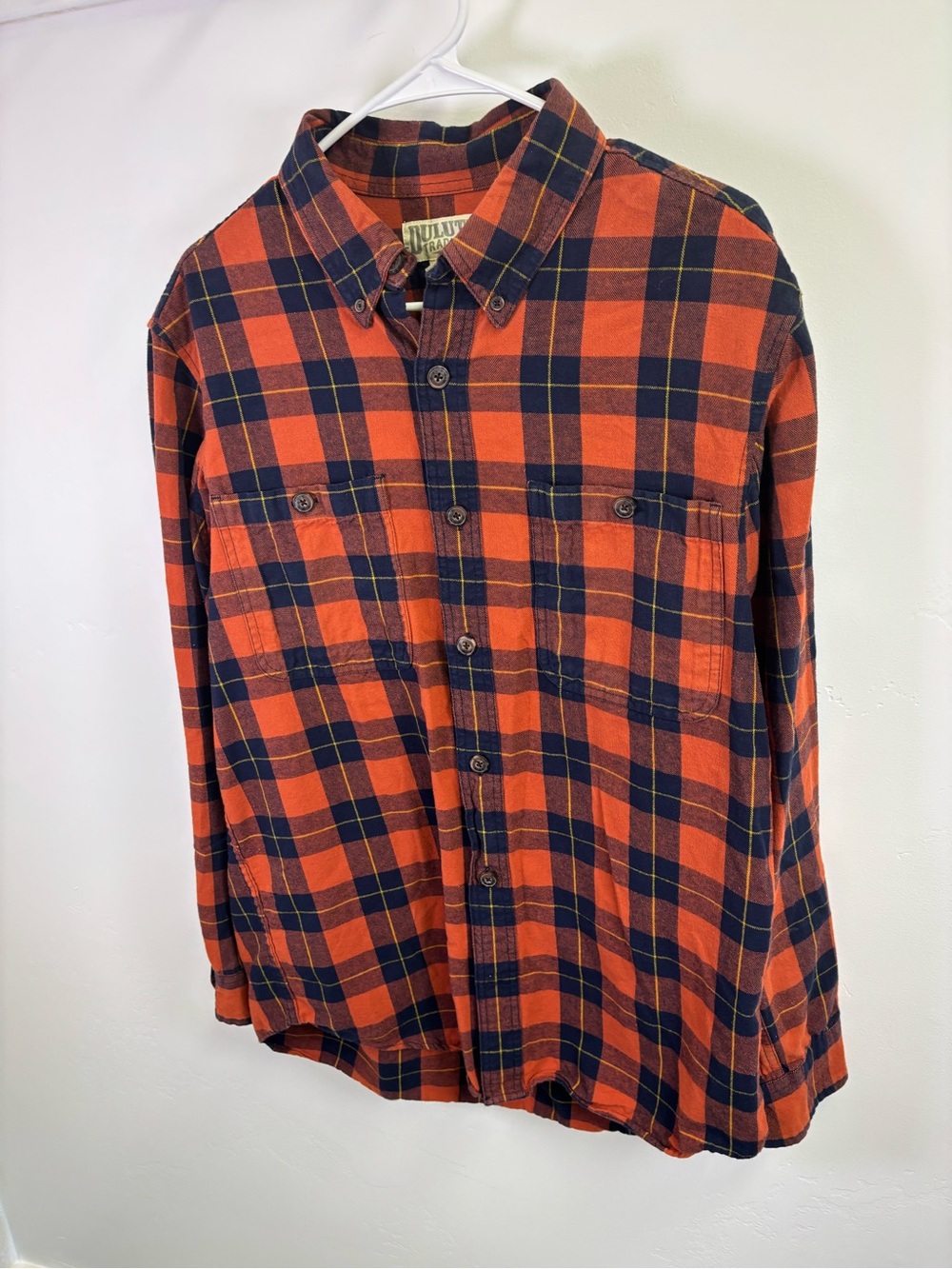 DULUTH TRADING FLANNEL WORK SHIRT MEN LARGE TRIM FIT  ORANGE BLACK PLAID